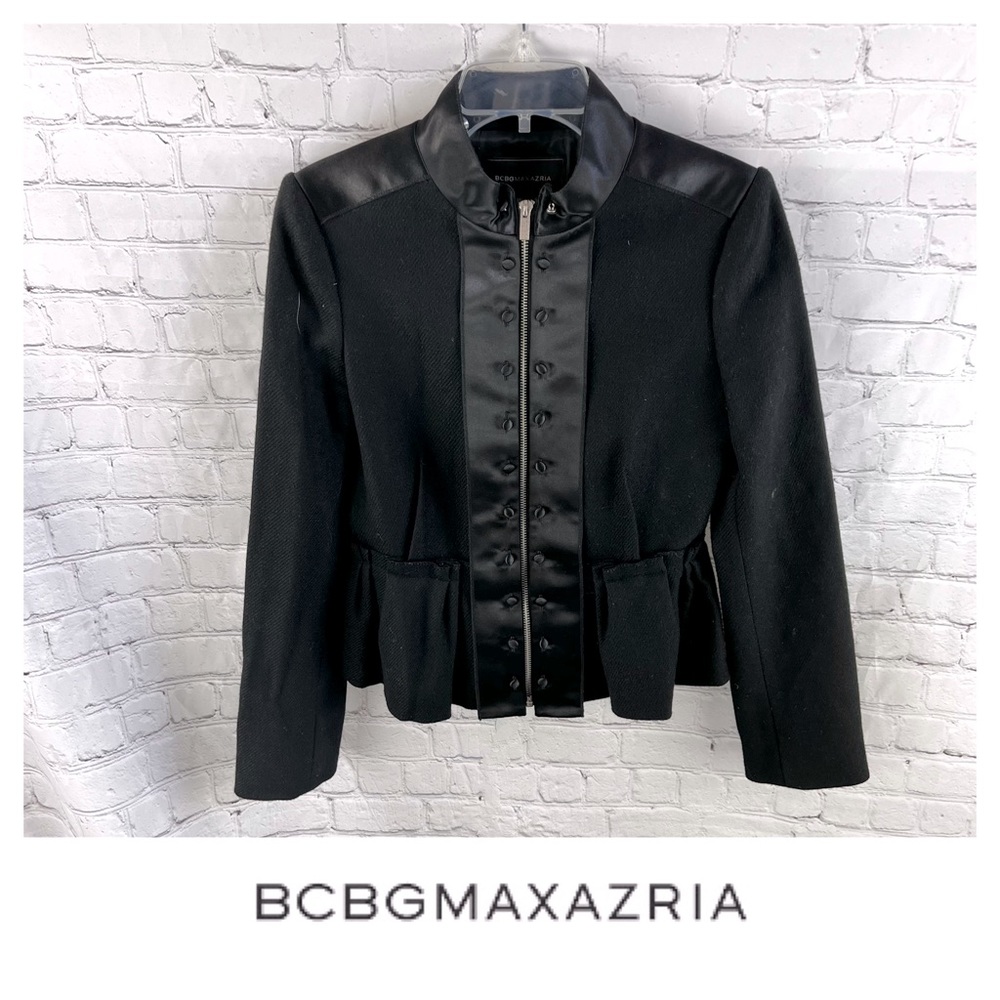 BCBG Wool Satin Military Peplum Blazer Jacket